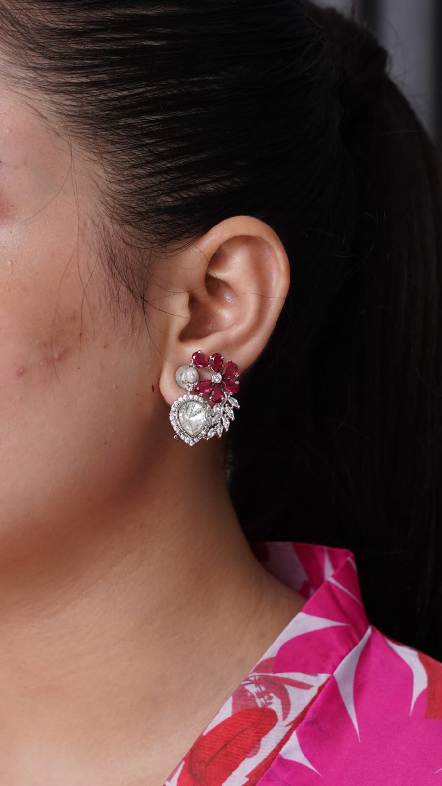 Ruby Flower Ear Stud in White Gold