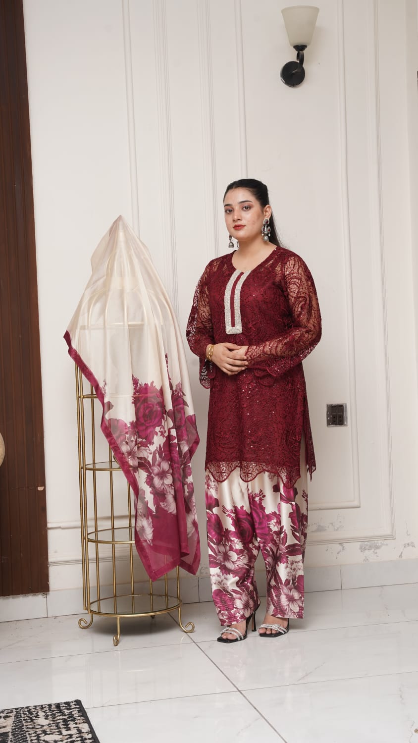 Dori Net Shirt with Shamooz Silk Trousers & Dupatta (3-Piece Set)
