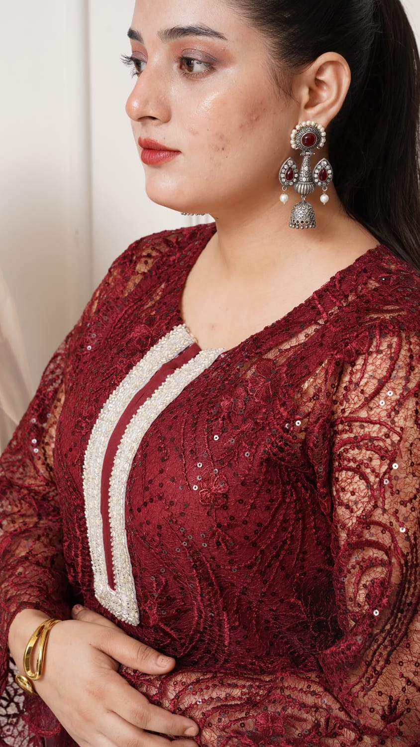 Dori Net Shirt with Shamooz Silk Trousers & Dupatta (3-Piece Set)