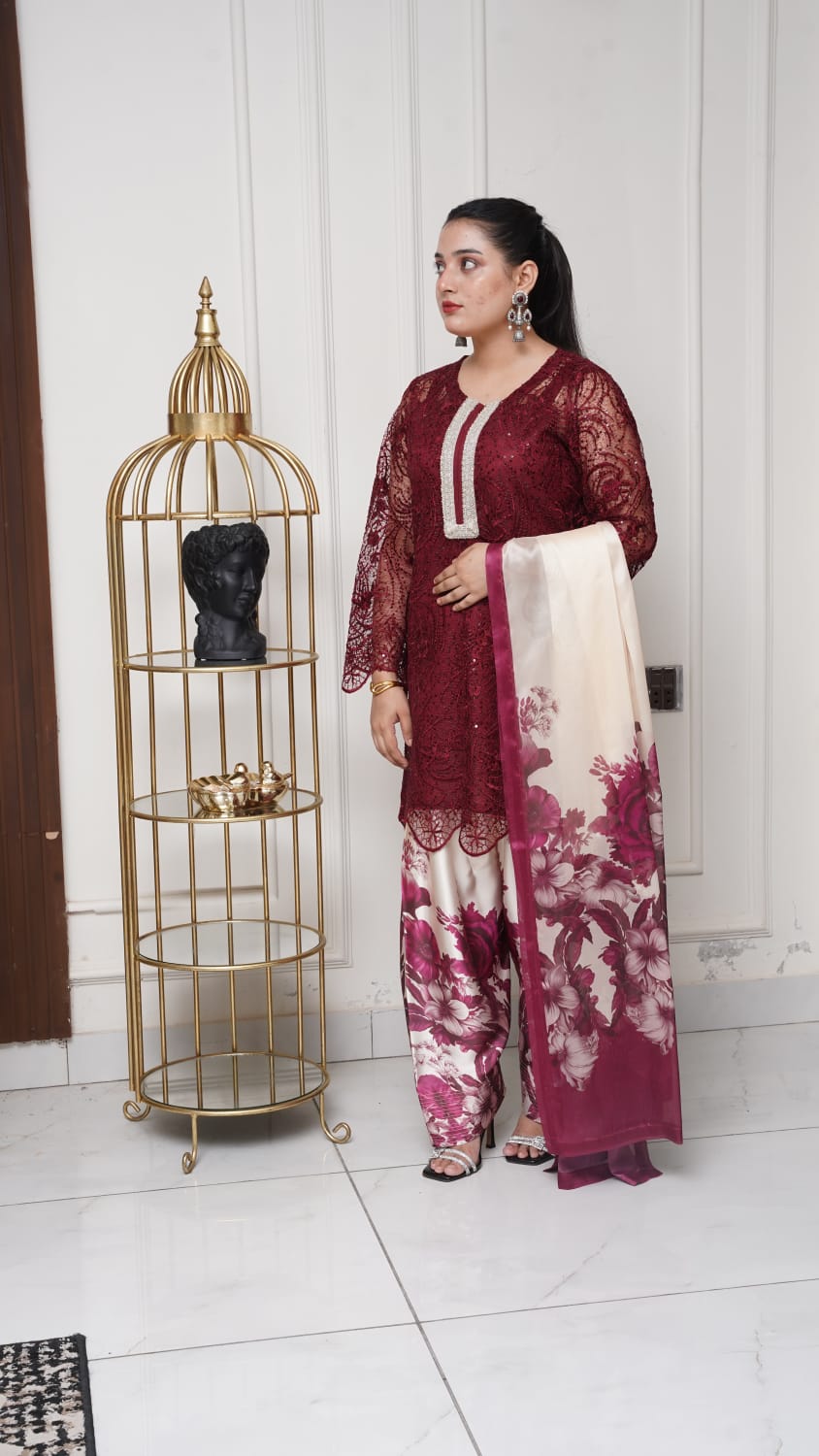 Dori Net Shirt with Shamooz Silk Trousers & Dupatta (3-Piece Set)