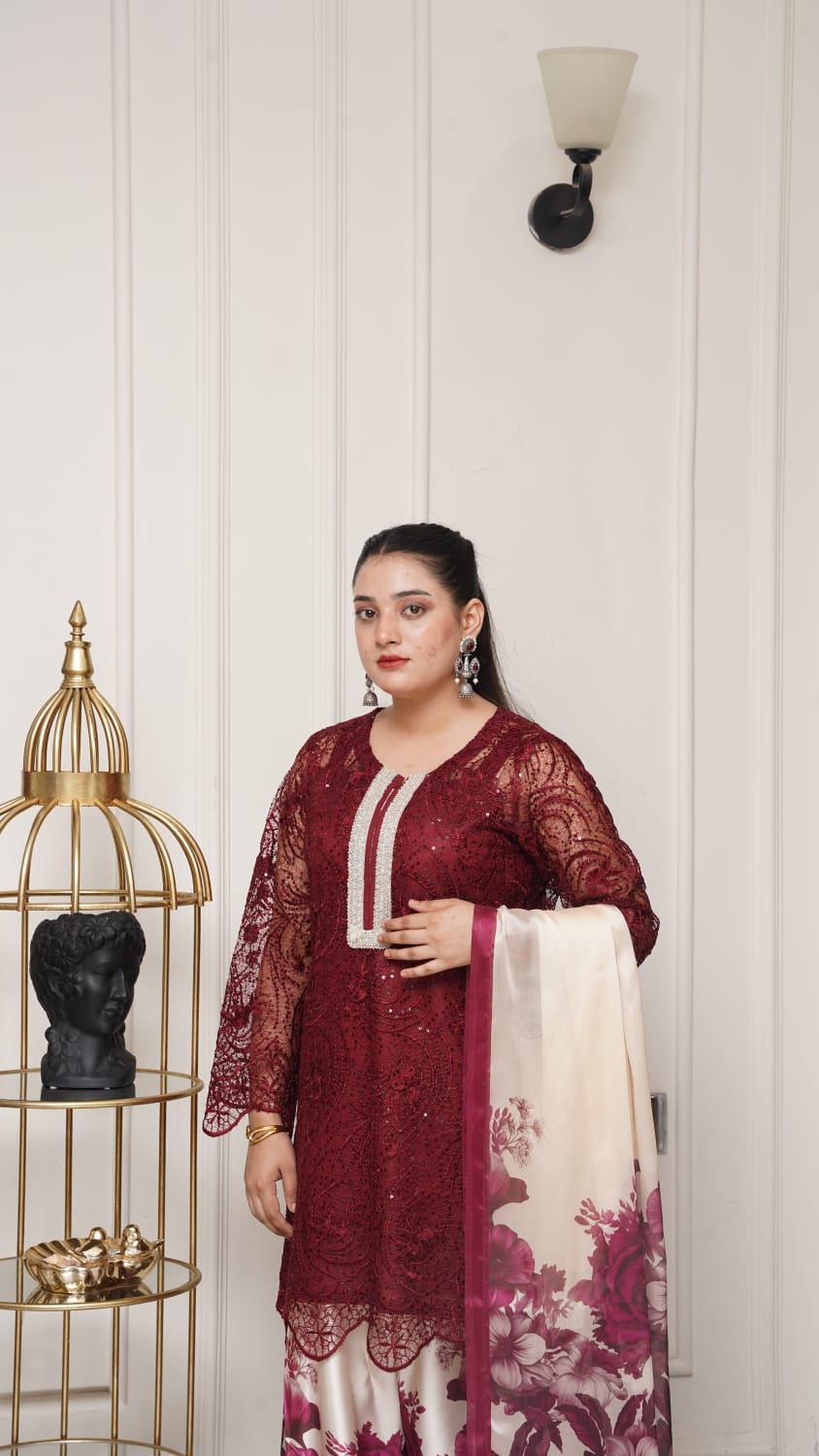 Dori Net Shirt with Shamooz Silk Trousers & Dupatta (3-Piece Set)