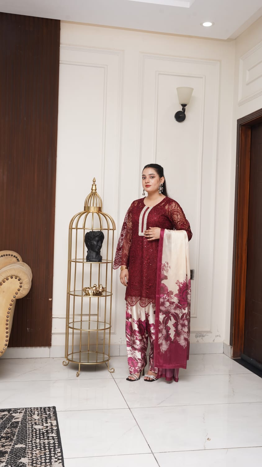 Dori Net Shirt with Shamooz Silk Trousers & Dupatta (3-Piece Set)