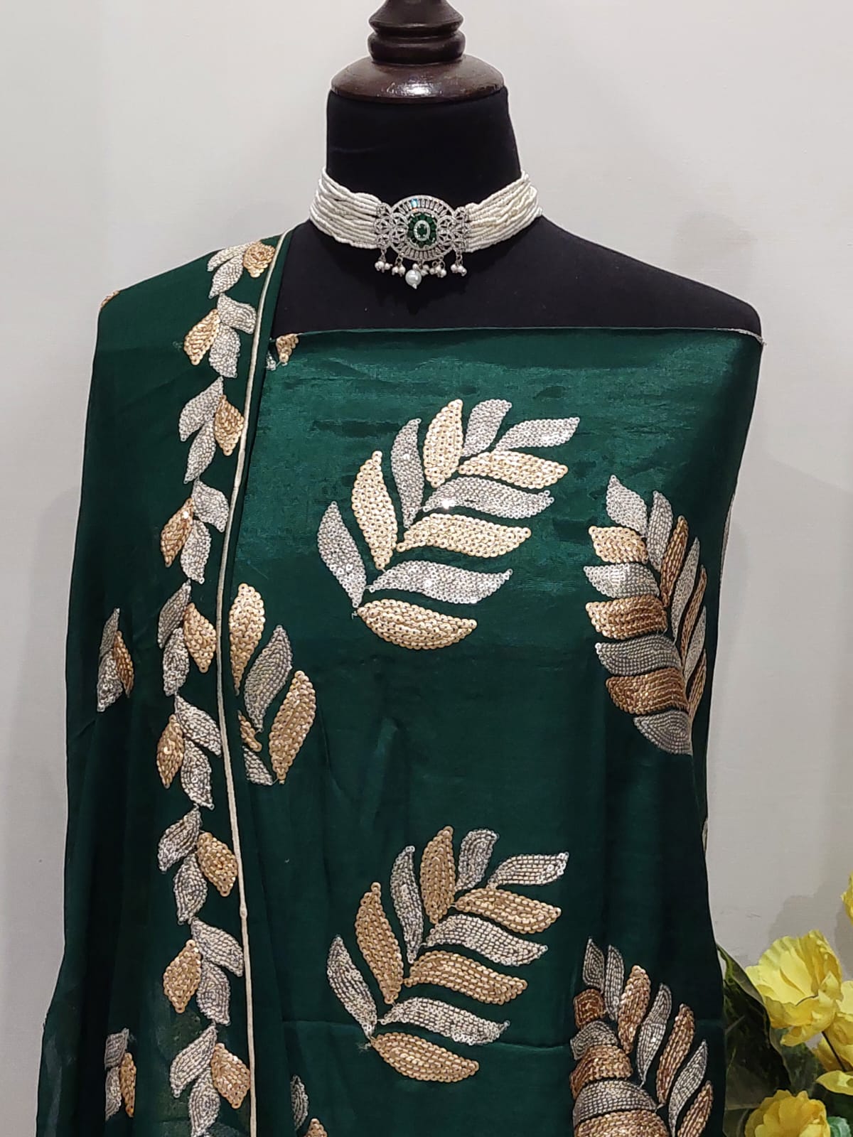 Muqaish Work on Russian Silk with Pure Shifoon Dupatta (3-Piece Set)