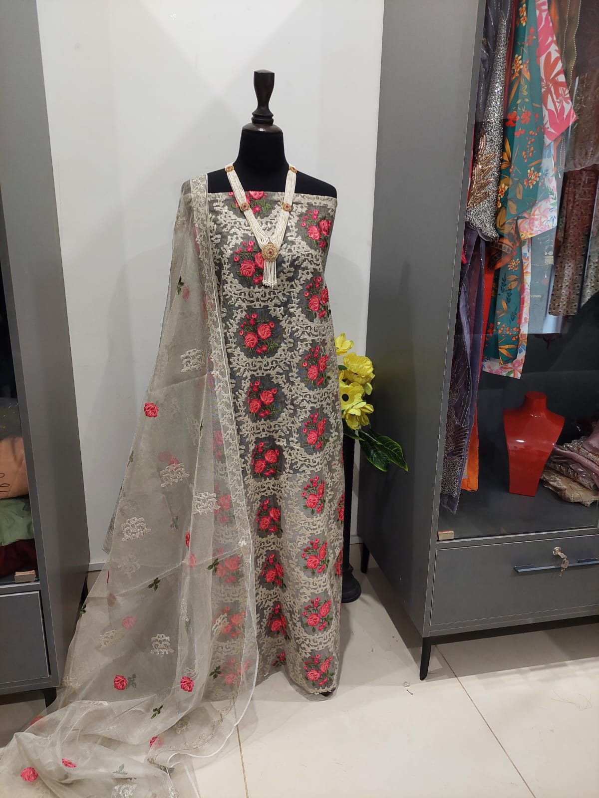Heavy Embroidery on Khadi Net 3 Piece