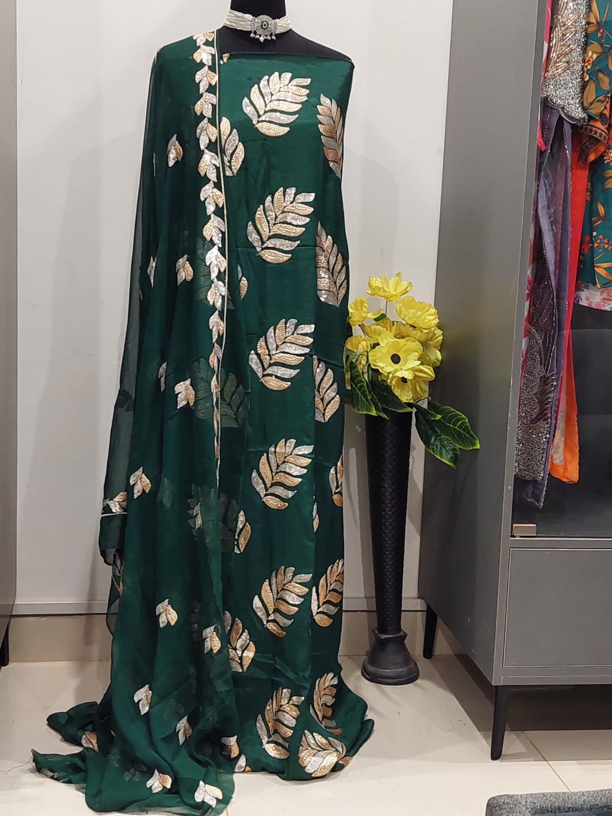 Muqaish Work on Russian Silk with Pure Shifoon Dupatta (3-Piece Set)