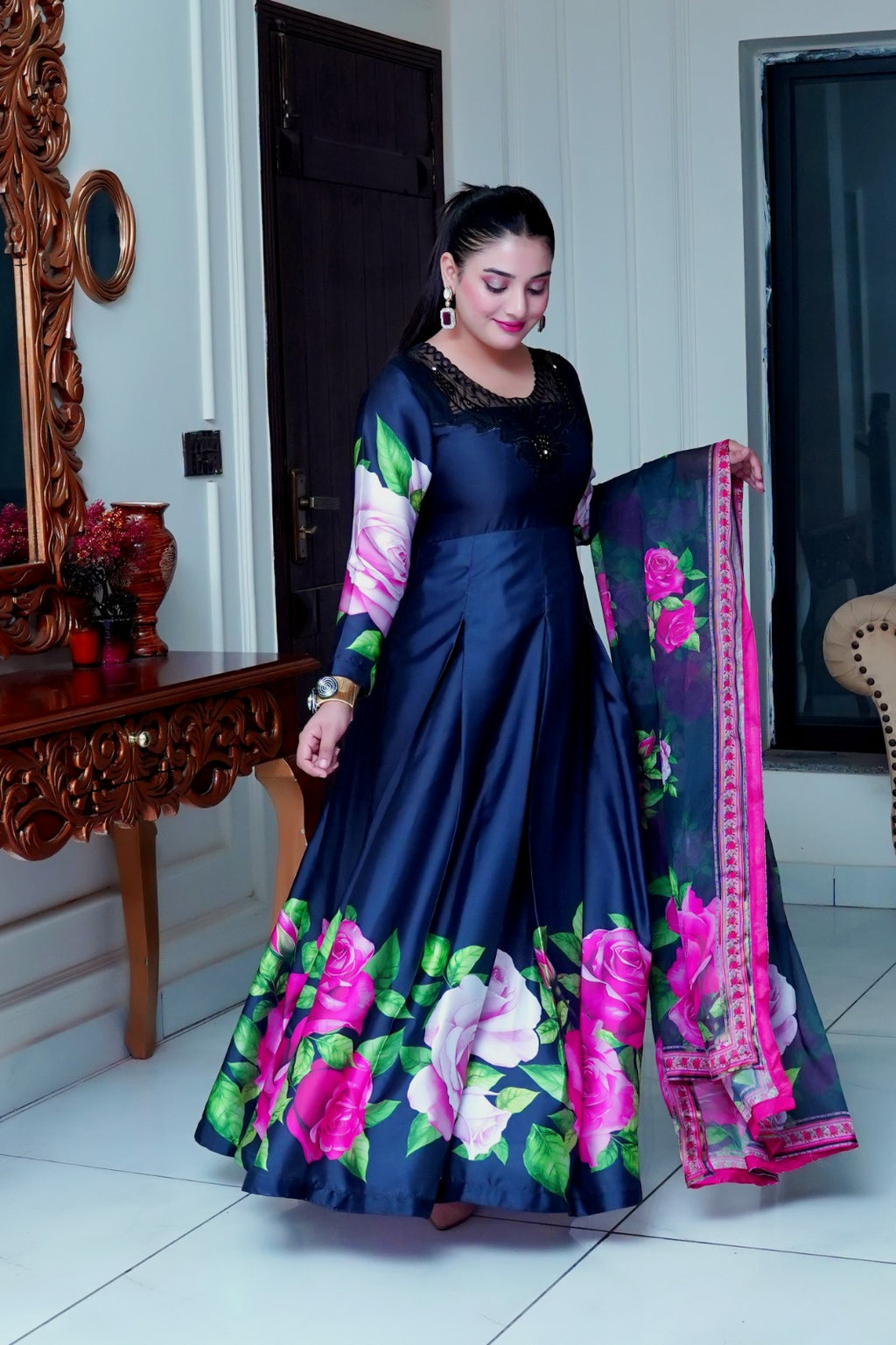 Shamoze Silk Digital Print with Dupatta and Neckline Design