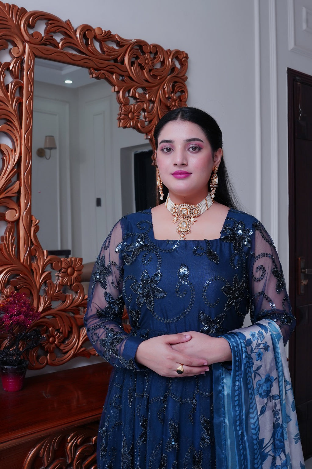 Sequence Cut Dana Net Maxi with Shamoze Silk Dupatta & Full Layered Palazzo