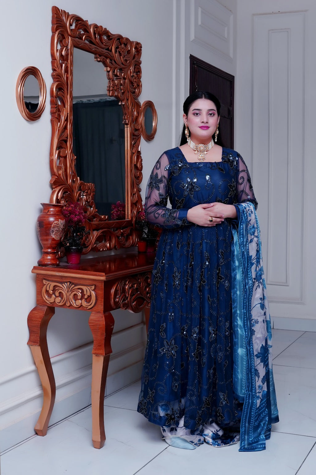 Sequence Cut Dana Net Maxi with Shamoze Silk Dupatta & Full Layered Palazzo