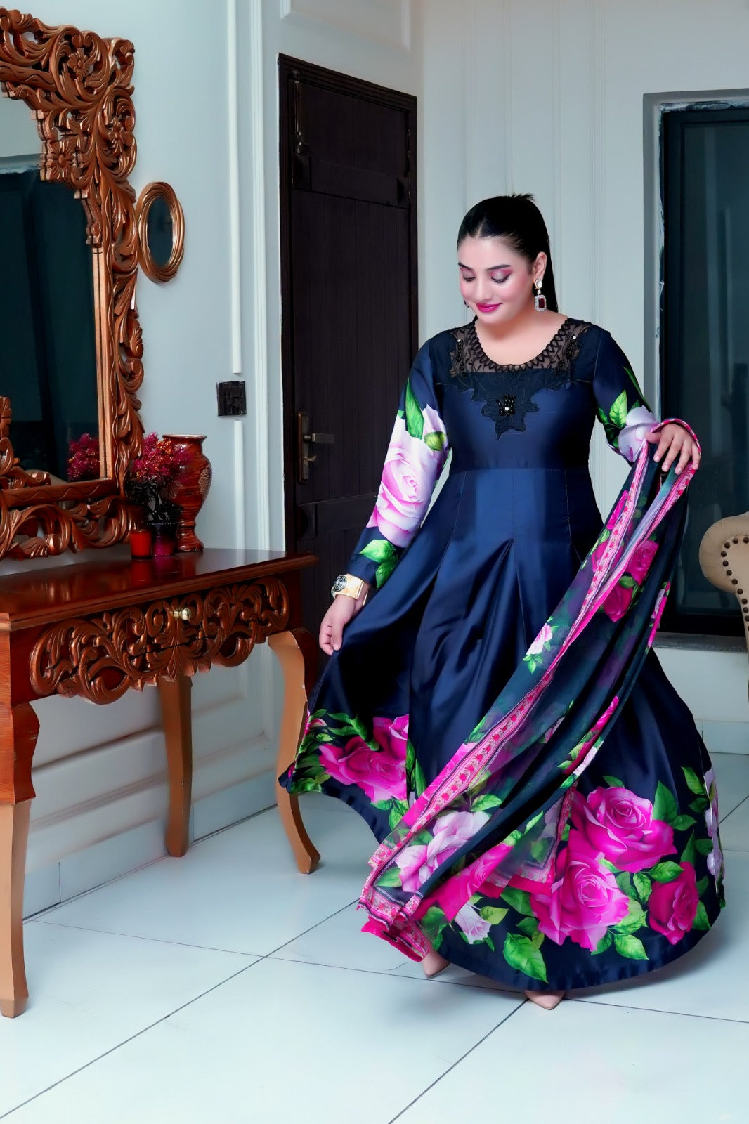 Shamoze Silk Digital Print with Dupatta and Neckline Design