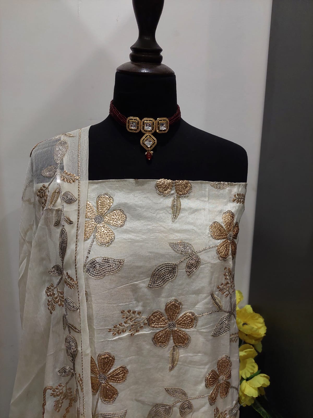 Muqaish Work on Russian Silk with Pure Shifoon Dupatta